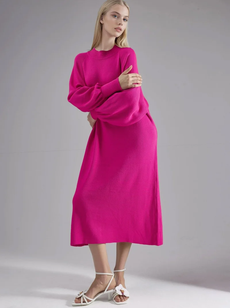 MY FASHION Long Loose Fit Ribbed Knit Dress with Crew Neck
